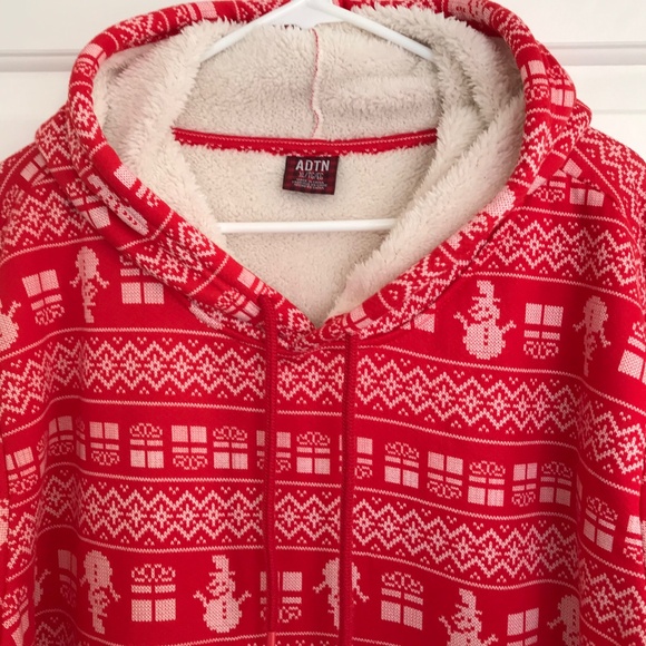 Christmas ADTN Sherpa Lined Festive Print Oversized Hoodie Size XL Red White - Picture 3 of 6